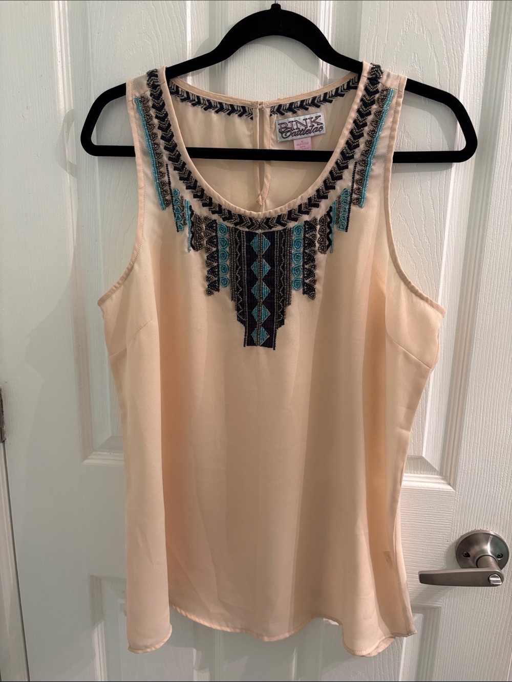 Pink Republic Cream Sleeveless Embroidered Camisole with Teal & Black Accents